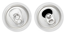 Top View Of Closed And Opened Aluminium Cans, Isolated On White Background