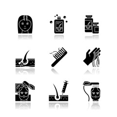 Hair loss drop shadow black glyph icons set. Male alopecia and female balding. Laser therapy for hair regrowth. Thinning hairline. Follicle, scalp skin. Isolated vector illustrations on white space