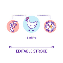 Bird Flu Concept Icon. Avian Influenza. Sickness Symptoms. Disease From Chicken. Illness Check Up Idea Thin Line Illustration. Vector Isolated Outline RGB Color Drawing. Editable Stroke