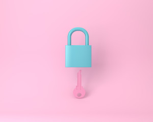 Key blue different on pastel pink background. Minimal style business ideas.Trendy flat lay concept. top view.