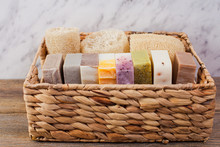 Natural Spa Set Of Luffa And Soap Bars For Face And Body In A Basket