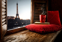 Wooden Retro Window Space And Paris Landscape.Valentine's Day Background  