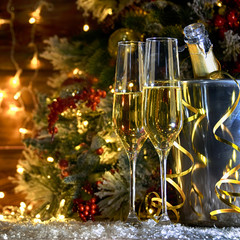 Wall Mural - Christmas rustic background with champagne