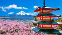 Cherry Blossoms In Spring, Chureito Pagoda And Fuji Mountain In Japan.
