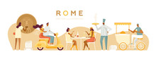 Vector Travel Illustration For Web. Tourists And Locals In Rome. Roman Holiday. Italians Characters. A Couple On A Scooter, Italian Restaurant, Bike With Ice Cream, Mouth Of Truth. White, Isolated