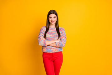 Canvas Print - Portrait of elegant attractive girl successful worker cross hands ready work decide decisions wear casual style outfit isolated over bright color background