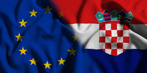 National flag of Croatia with European Union (EU) flag on a waving cotton texture background