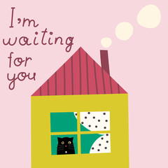 Cute card with cat looking out of the window with a text- I'm waiting for you. Funny print design for poster or t-shirt.