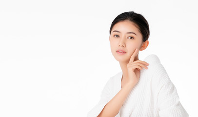 Wall Mural - Portrait of young beautiful asian woman with Clean Fresh and without makeup skin. Healthy skin Girl beauty white skin makeup beauty female wellness and cosmetic ideas concept.Facial treatment and spa.