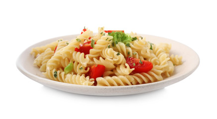 Tasty pasta with broccoli and cherry tomatoes isolated on white