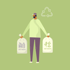 Eco-friendly person is holding two trash bags. Dry waste and wet waste. Line icons. Cartoon male character. Recycling symbol. Caring for the environment and correct habits. Eco concept, flat design 