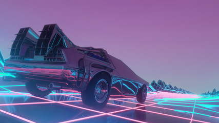 Wall Mural - Retro futuristic car in 80s style moves on a virtual neon landscape. 3d illustration