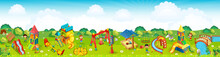 Panoramic Playground On The Meadow. Vector Illustration.