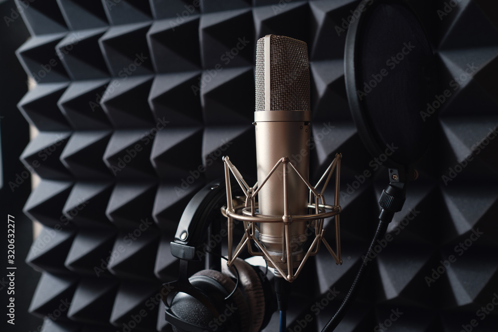 Studio microphone in recording studio with acoustic foam - obrazy, fototapety, plakaty 
