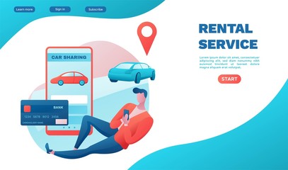 Rental service landing page, car share, businessman order ride, Carsharing service template, mobile app, transport sharing concept, flat vector, turquoise, red color, ui design