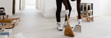 Cleanup Housework Concept Cleaning Woman Sweeping Wooden Floor With Red Small Whisk Broom