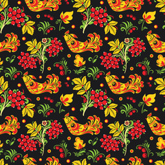 Wall Mural - Vector seamless pattern of flowers and berries. Russian traditional Khokhloma painting. Pattern made without using clipping mask