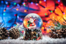 Snow Globe With Funny Tiny Santa Claus Among Cones With Colorful Fairy Lights On Blurred Background 