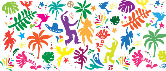 2024 Abstract Rio Brazilian Carnival music dance festival night party Samba dancer parade Sambadrome pattern, New Orleans, Mardi Gras, notting hill, Venezia costume exotic tropical palm set vector