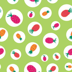 Wall Mural - Abstract summer pineapples seamless vector background. Repeating pattern with polka dots tropical green background. Hand drawn exotic fruit isolated. For fabric, summer decoration, packaging, kids