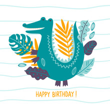 Greeting Card With Blue Crocodile, Monstera And Palm Leaves