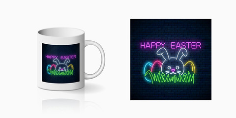 Wall Mural - Neon happy easter sign print for cup design. Easter funny greeting design, banner in neon style and mug mockup.