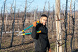 © Vasya - Waist up portrait of the young man in black jacket and orange gloves stands among his fruitgarden, holds shears in hands and looking at the camera, sunny day
