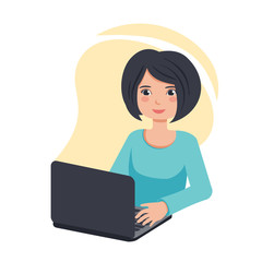 young woman working on laptop. manager freelancer. creative design profession. isolated vector illustration