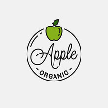 Apple Fruit Logo. Round Linear Logo Of Green Apple