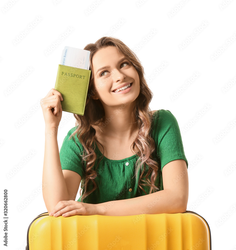 Beautiful female tourist on white background