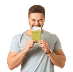 Poster - Handsome male tourist on white background