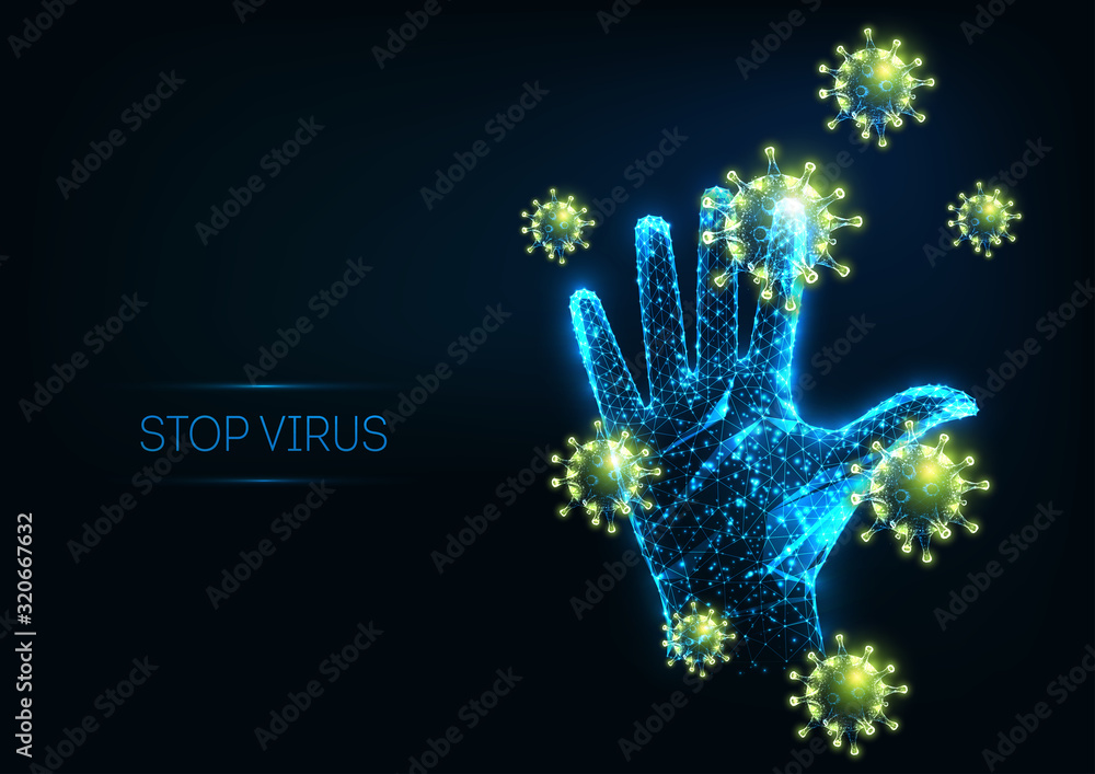 Futuristic stop virus web banner with glowing low polygonal virus cells and raised up human hand - obrazy, fototapety, plakaty 