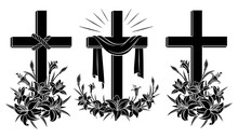 Cross With Lilies. Religious Christian Easter Symbol. Set Of Crosses With Lilies  And Shroud. Easter Sunday Poster Design Element,  Card,  Greetings. Isolated Black Silhouette. Vector Illustration