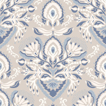 French Blu Shabby Chic Damask Vector Texture Background. Antique White Blue Heart Seamless Pattern. Hand Drawn Floral Interior Wallpaper Home Decor Swatch. Classic Baroque Medallion All Over Print