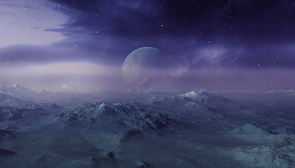 3d rendered space art: alien planet - a fantasy landscape with blue skies and stars