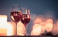 Candlelight Dinner With Wine And Romantic City View