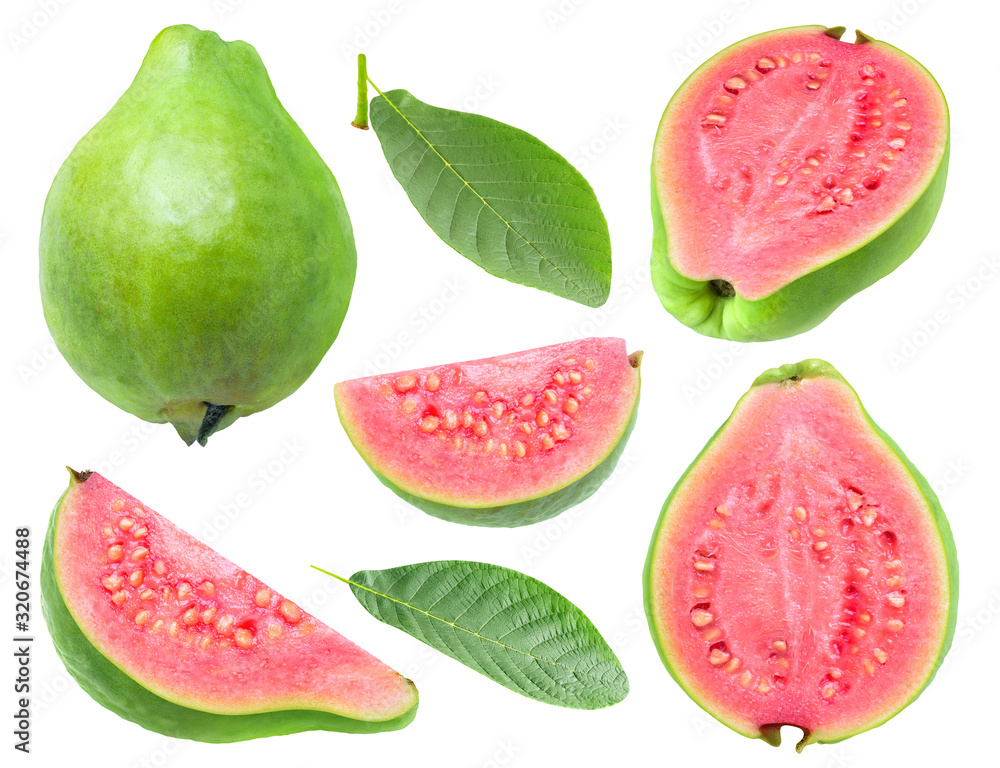 Isolated guava. Collection of green pink fleshed guava fruit pieces and leaves isolated on white background with clipping path - obrazy, fototapety, plakaty 