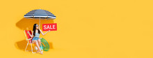 Banner Of Surprised Asian Woman In Summer Outfit Showing Sale Sign