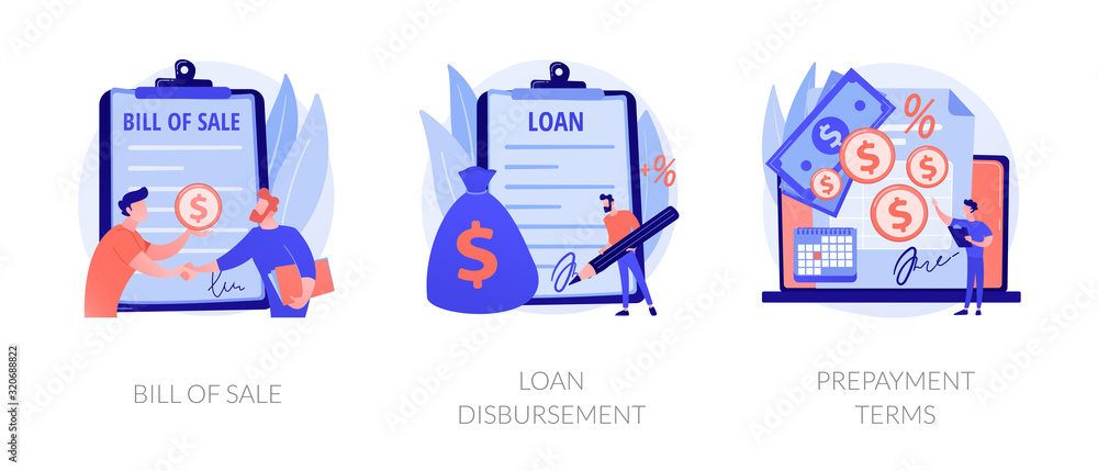 Financial agreement signing flat icons set. Legal document, business papers. Bill of sale, loan disbursement, prepayment terms metaphors. Vector isolated concept metaphor illustrations. - obrazy, fototapety, plakaty 