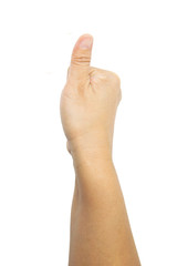 Woman hand thump up sign isolated on white background. Thumbs up hand.