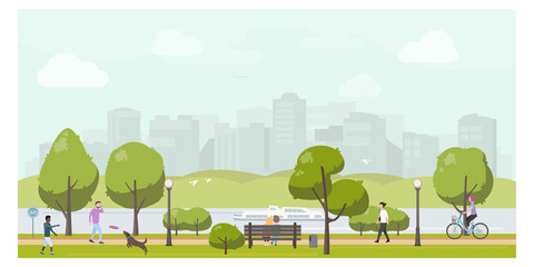 public city park landscape flat illustration. stock vector. people relaxing in city park, walking, p