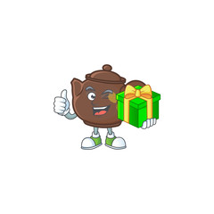 Poster - Smiley teapot cartoon character with gift box