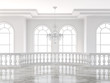 Empty luxury classical mazzanine floor 3d render,There are white marble floor decorated with ceramic railing and glass chandelier.