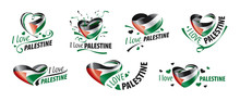 National Flag Of The Palestine In The Shape Of A Heart And The Inscription I Love Palestine. Vector Illustration