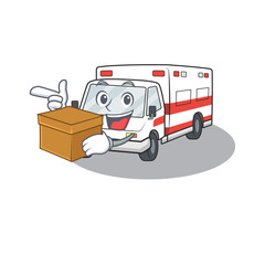 Sticker - Cute ambulance cartoon character having a box