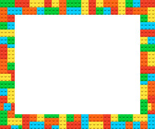 Vector Frame From Kids Construction/building Blocks. For Kids Party, Birthday. Background With Toys. Suitable For Greetings Card, Holidays. White Background. Rainbow Colors.