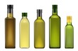 Olive oil bottles realistic 3d template mockup, vegetable oils blank glass package. Vector extra virgin avocado, pomace or olive and sesame seeds oil bottle with metal green lid