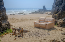 Abandoned Lounge On Misty Beach With Camp Fire, Surreal Image, Room With A View