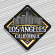 © mihmihmal - Vector logo for Los Angeles, dark rhombus sticker with line illustration of famous evening los angeles cityscape, tourist badge with brush letters for words los angeles california and stars in a row.