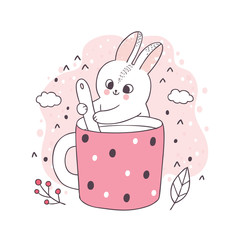 Wall Mural - Cartoon cute rabbit and coffee cup  vector.